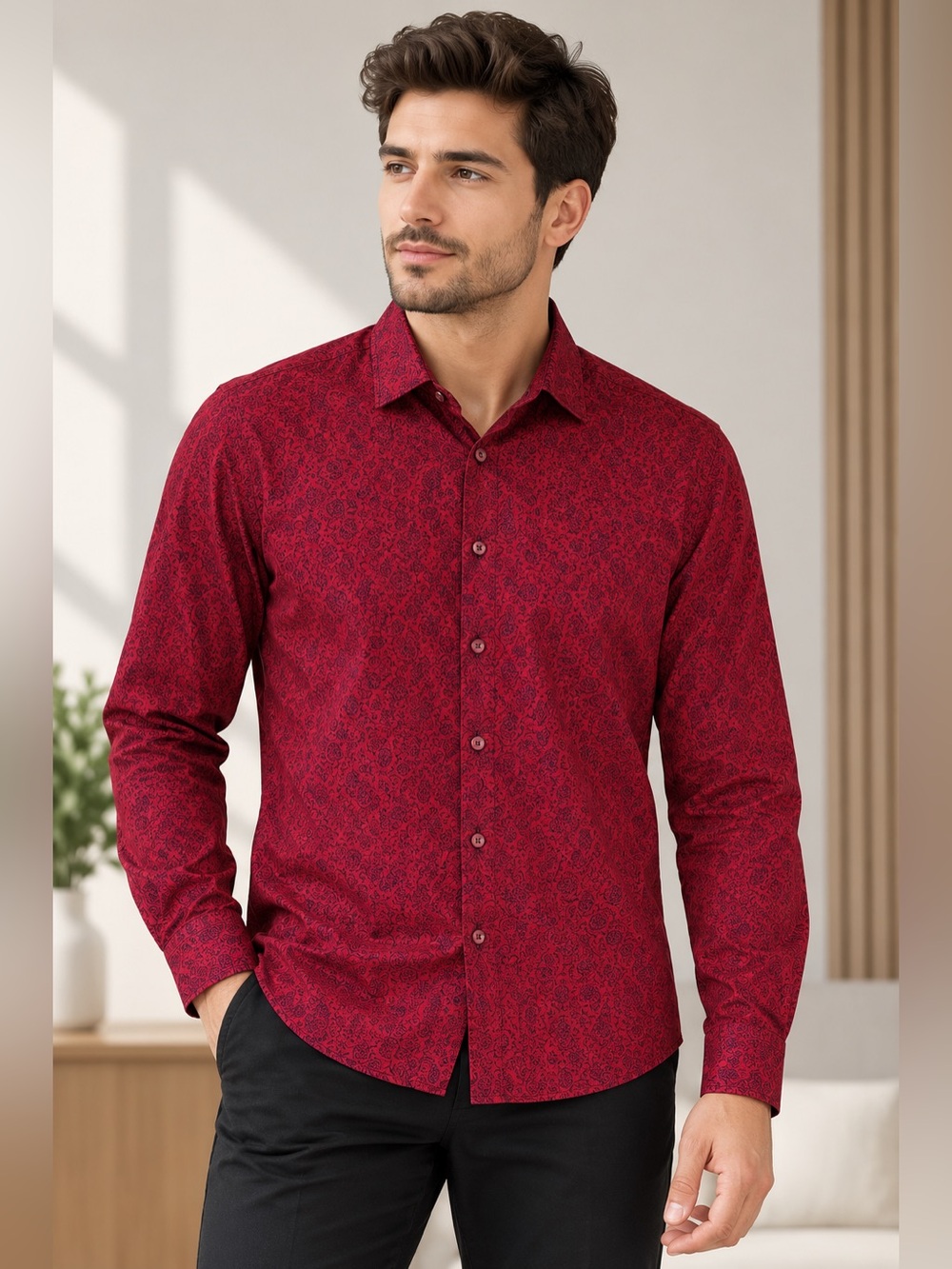 Consequence Men's Small Red Black Floral Paisley Slim Fit Button Down Shirt
